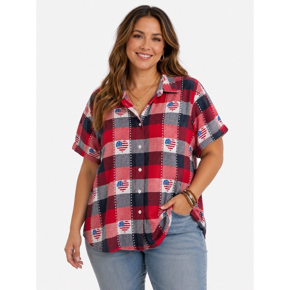 Collections Etc XL Red Plaid Flag Heart‎ Button Up Shirt Cotton USA